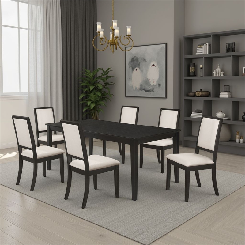 Pemberly Row 7 Piece Extendable Dining Table and 6 Chair Set in Black and Ivory