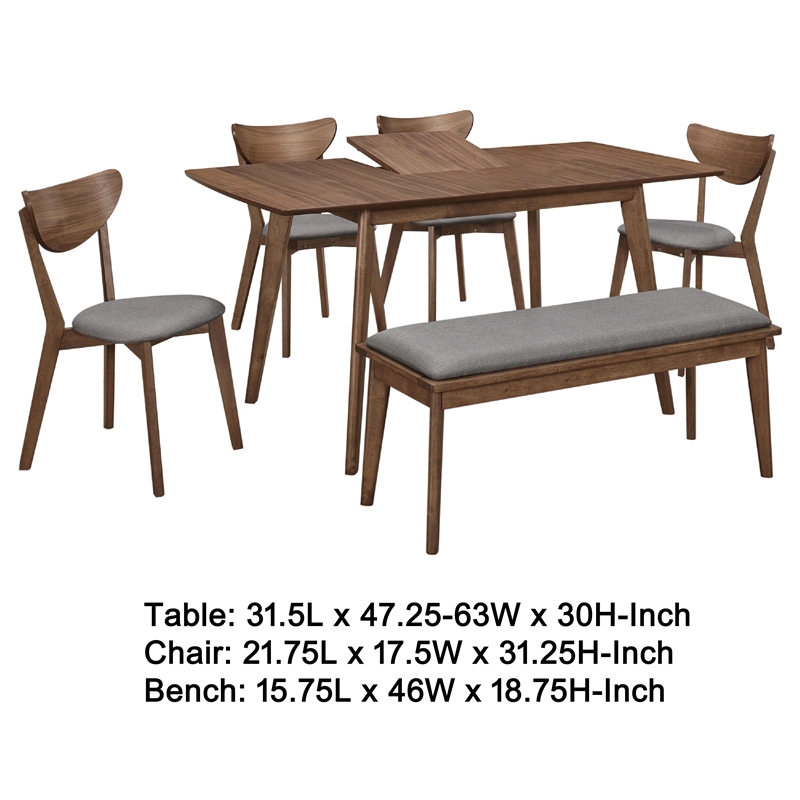 Pemberly Row 6 Piece Extendable Dining Table Bench 4 Chairs in Walnut Brown Gray