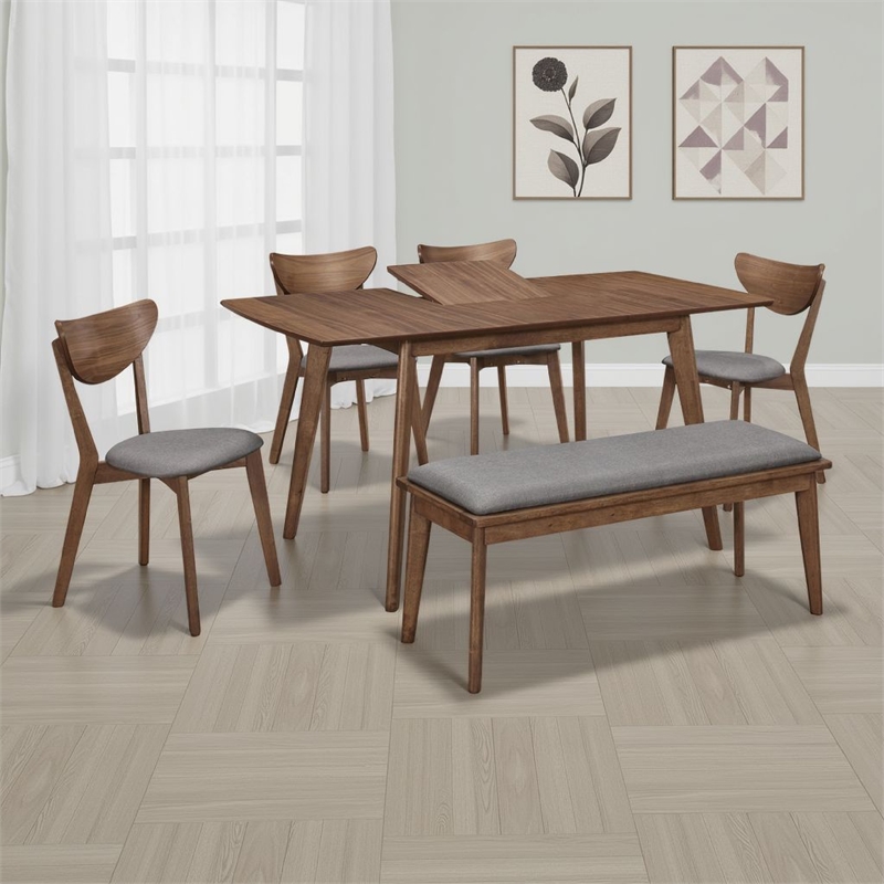 Pemberly Row 6 Piece Extendable Dining Table Bench 4 Chairs in Walnut Brown Gray