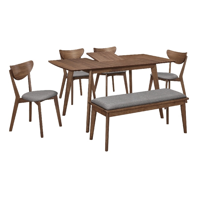 Pemberly Row 6 Piece Extendable Dining Table Bench 4 Chairs in Walnut Brown Gray