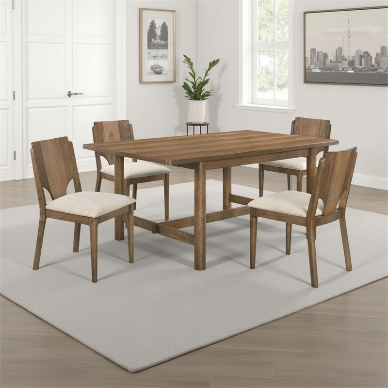 Pemberly Row 5 Pc Dining Table and 4 Chairs Set in Rich Walnut Brown and Beige