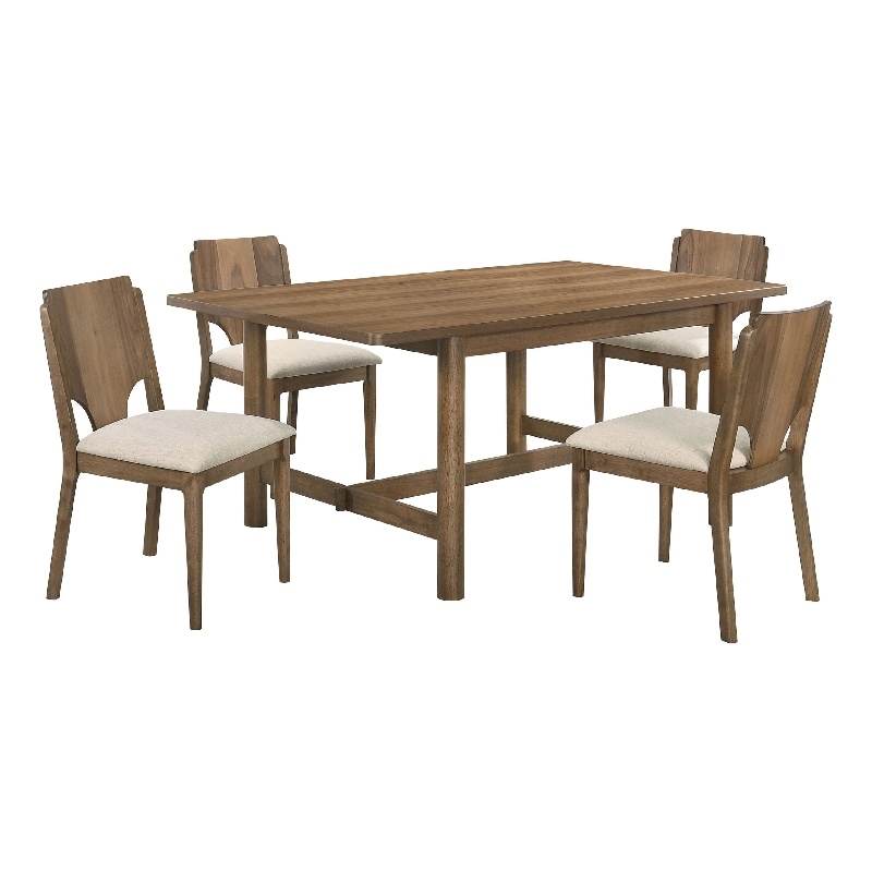 Pemberly Row 5 Pc Dining Table and 4 Chairs Set in Rich Walnut Brown and Beige