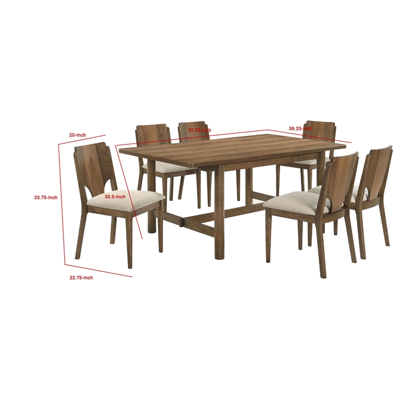 Pemberly Row 7 Pc Dining Table and 6 Chairs Set in Rich Walnut Brown and Beige