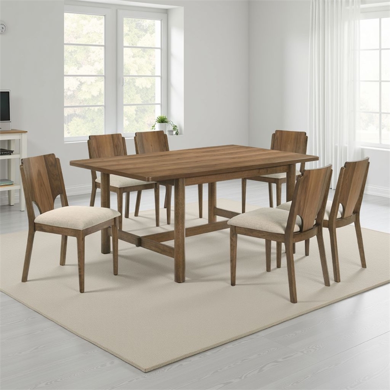 Pemberly Row 7 Pc Dining Table and 6 Chairs Set in Rich Walnut Brown and Beige