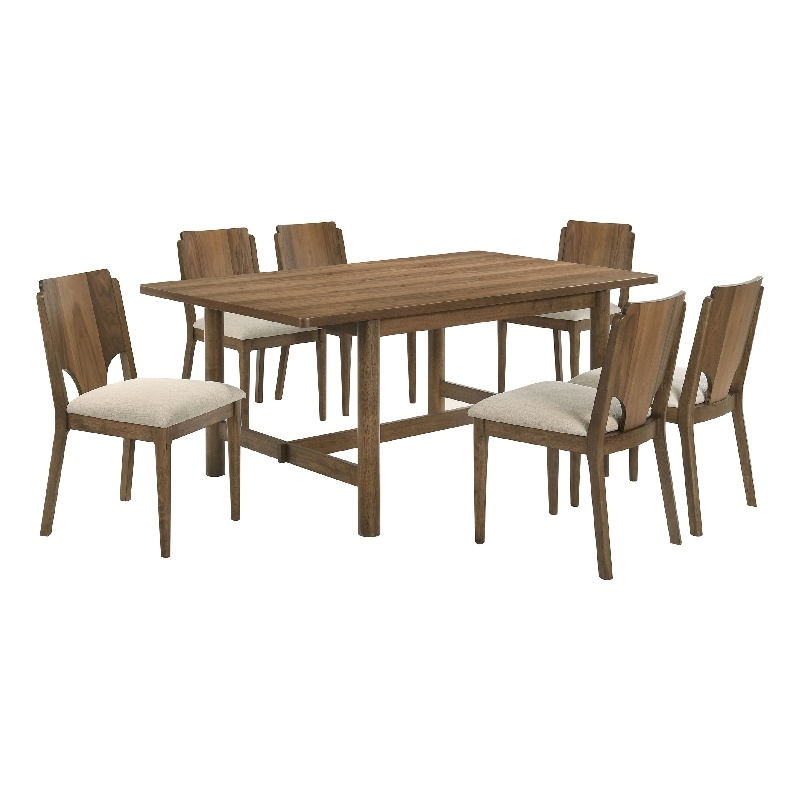 Pemberly Row 7 Pc Dining Table and 6 Chairs Set in Rich Walnut Brown and Beige