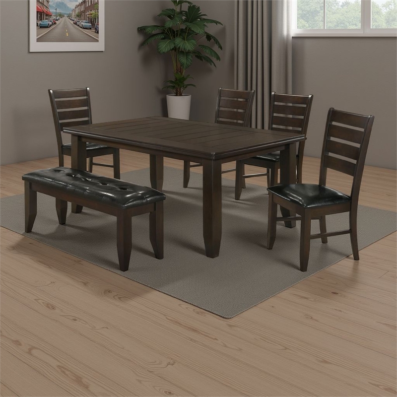 Pemberly Row 6 Piece Dining Table 4 Chairs and Bench Set Brown Faux Leather