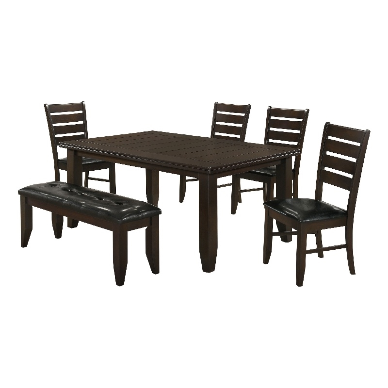 Pemberly Row 6 Piece Dining Table 4 Chairs and Bench Set Brown Faux Leather