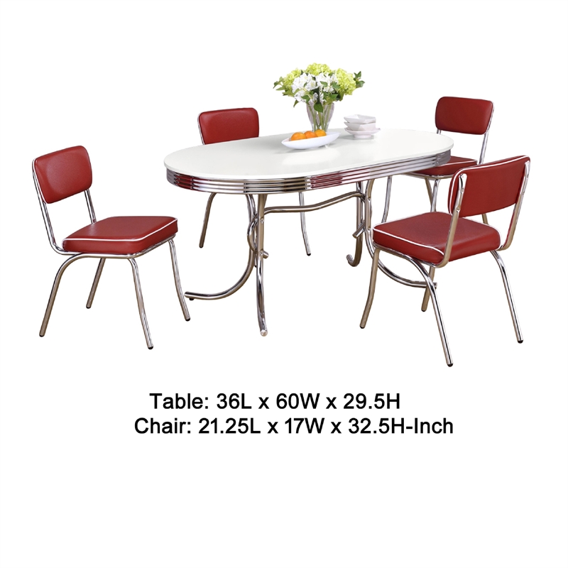 Pemberly Row 5 Pc Dining Table & Chair Set in Red Faux Leather Retro White Oval