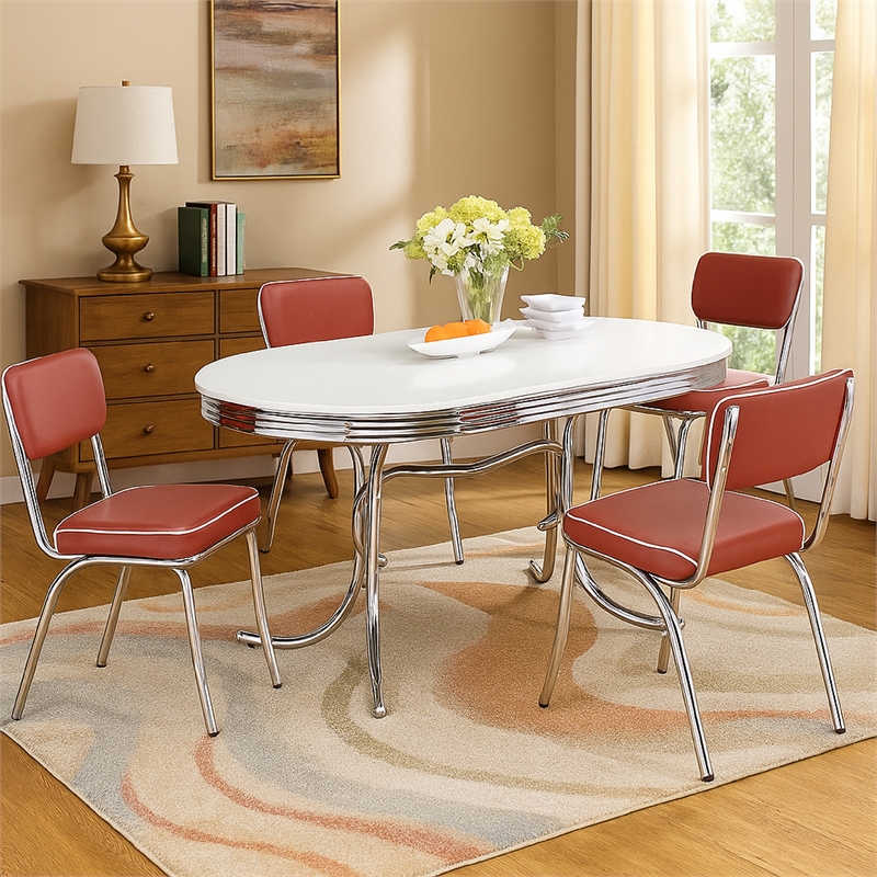 Pemberly Row 5 Pc Dining Table & Chair Set in Red Faux Leather Retro White Oval