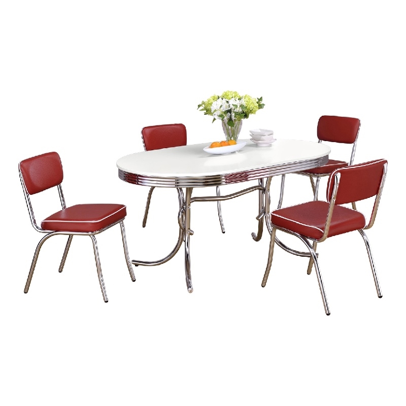 Pemberly Row 5 Pc Dining Table & Chair Set in Red Faux Leather Retro White Oval