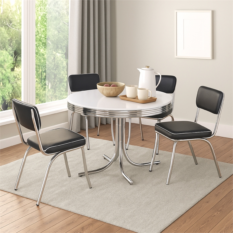 Pemberly Row 5Pc Dining Table & Chair Set in Black Faux Leather White Round