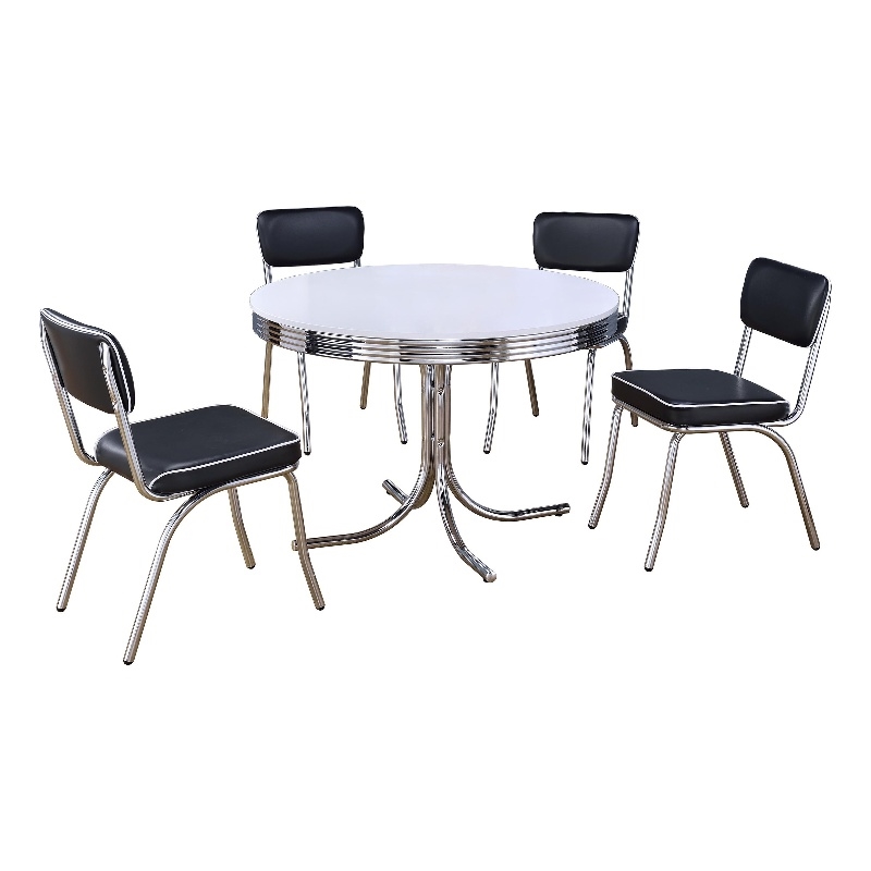 Pemberly Row 5Pc Dining Table & Chair Set in Black Faux Leather White Round