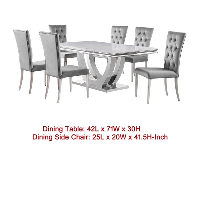 Pemberly Row 7 Piece Dining Table Set Modern Gray Faux Marble Top 6 Side Chairs