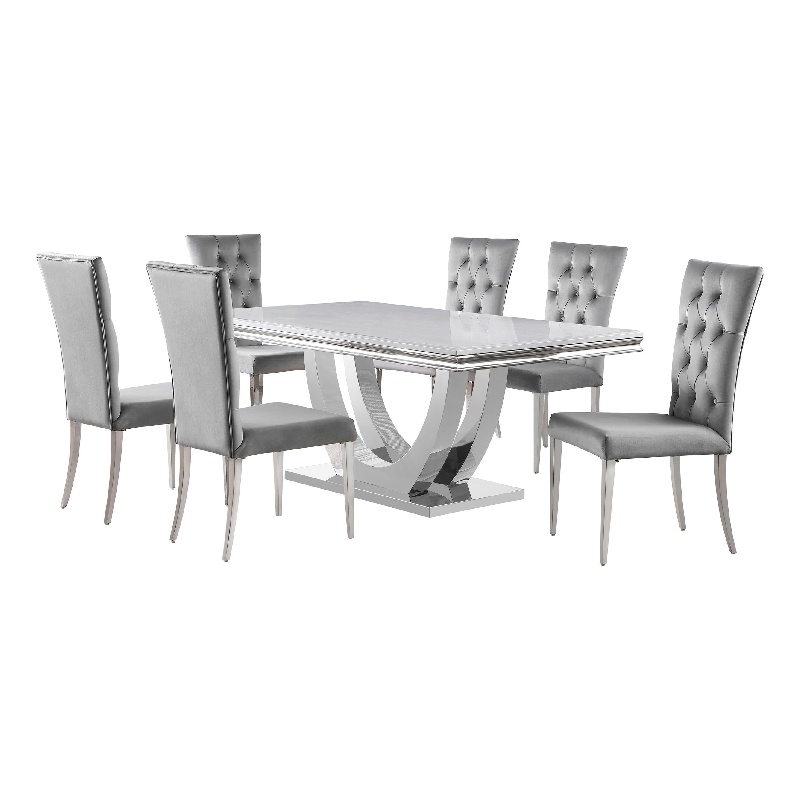 Pemberly Row 7 Piece Dining Table Set Modern Gray Faux Marble Top 6 Side Chairs