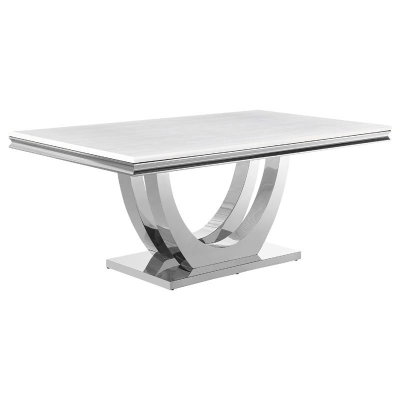 Pemberly Row 7 Piece Dining Table Set Modern Gray Faux Marble Top 6 Side Chairs
