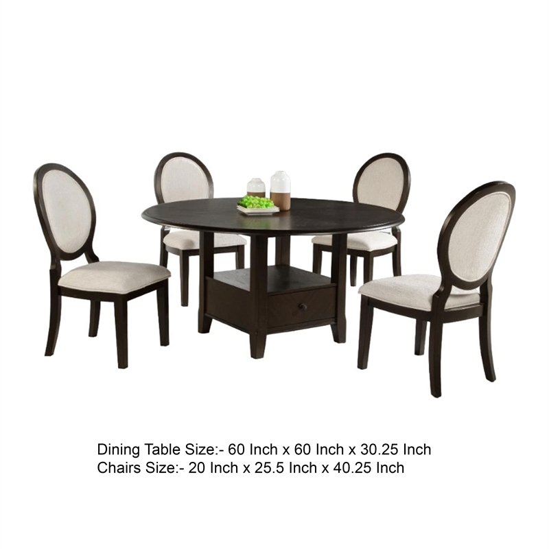 Pemberly Row 5 Piece Dining Table Set Dark Brown Round Wood Top Storage Base