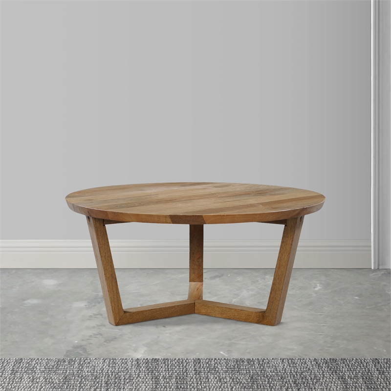 Pemberly Row 30 Inch Round Mango Wood Coffee Table Handcrafted 3 Leg Sled Base