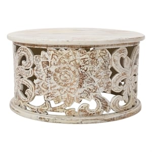 Pemberly Row 33&quot Coffee Table Handcrafted Wood Floral Carved Cut Out Design