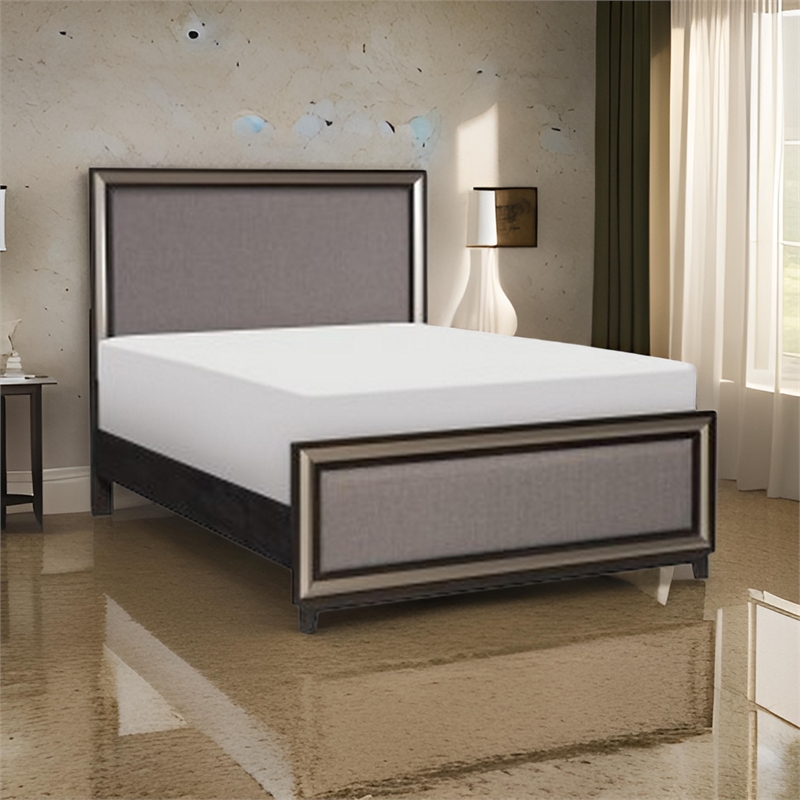 Pemberly Row Queen Size Platform Bed Silver Banding Polyester Upholstery Black