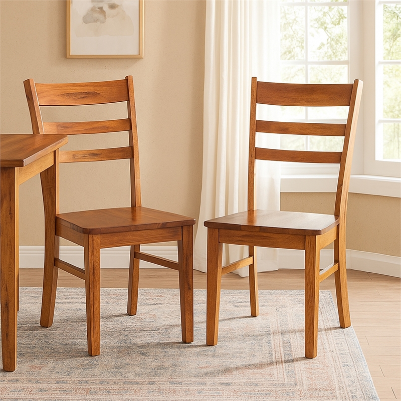 Pemberly Row Dining Chair Set of 2 with Ladderback Design in Light Brown