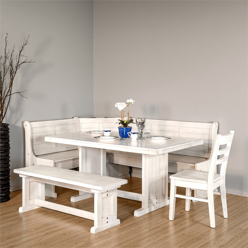 Pemberly Row 4pc Breakfast Nook Set with Dining Table and Corner Bench in White