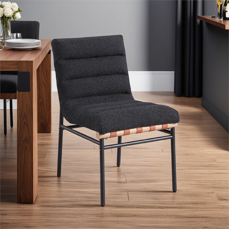 Pemberly Row Dining Chair Set of 2 with Iron Legs in Black Channel Tufted Boucle