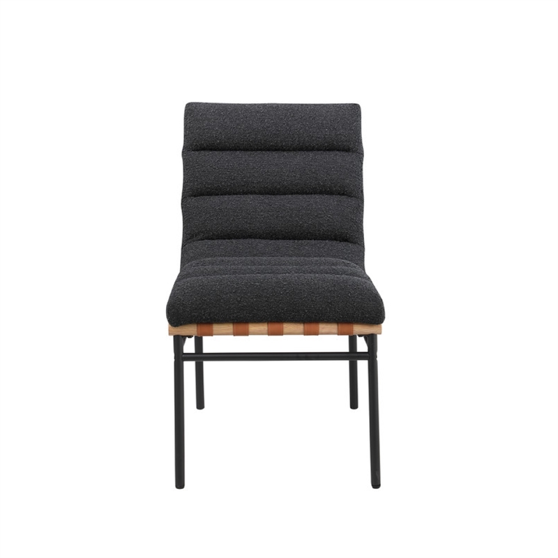 Pemberly Row Dining Chair Set of 2 with Iron Legs in Black Channel Tufted Boucle