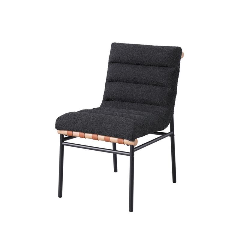 Pemberly Row Dining Chair Set of 2 with Iron Legs in Black Channel Tufted Boucle