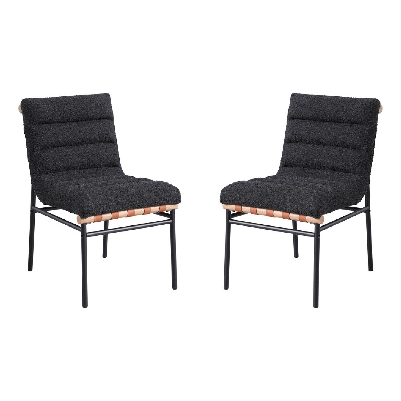 Pemberly Row Dining Chair Set of 2 with Iron Legs in Black Channel Tufted Boucle