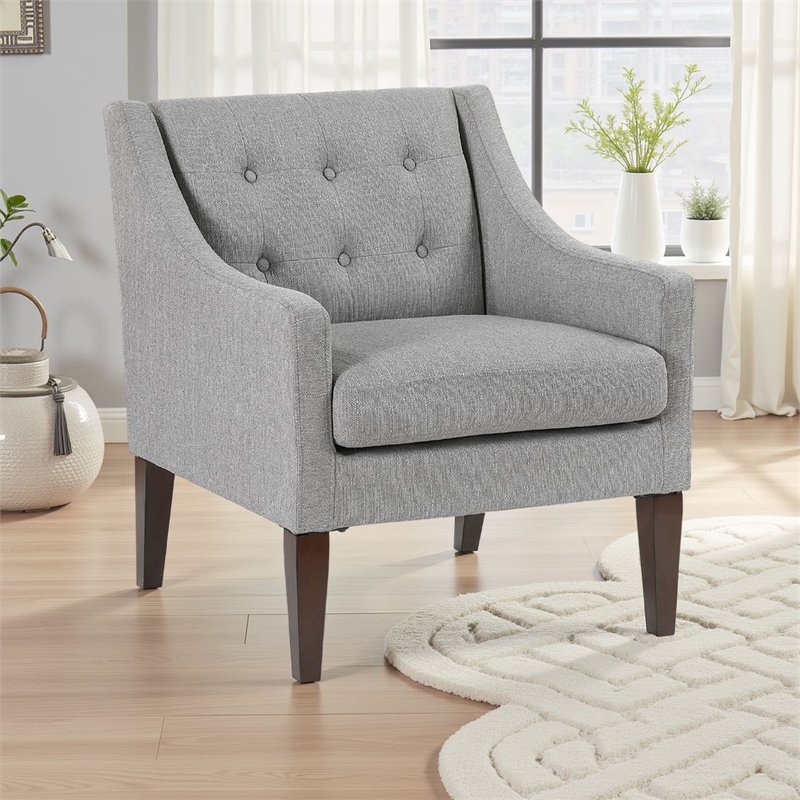 Pemberly Row Button Tufted Accent Armchair in Light Gray Polyester Brown Legs
