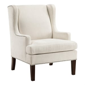 Pemberly Row Accent Wing Armchair in Beige Polyester with Brown Wood Nailhead