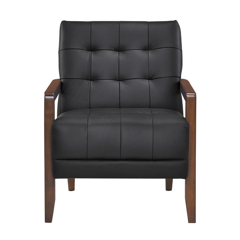 Pemberly Row Button Tufted Accent Armchair in Black Leather Walnut Brown Wood