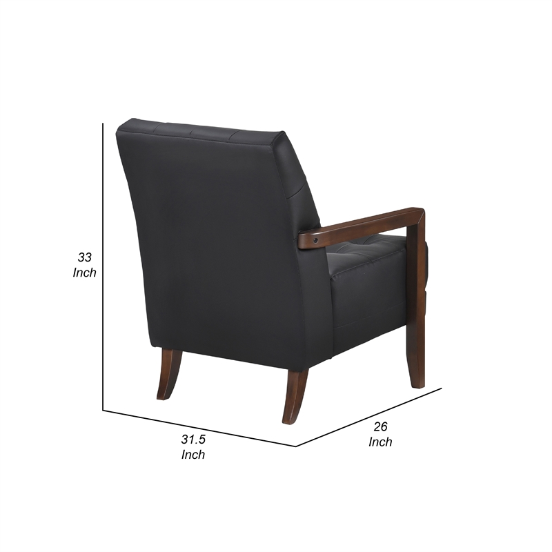 Pemberly Row Button Tufted Accent Armchair in Black Leather Walnut Brown Wood