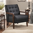 Pemberly Row Button Tufted Accent Armchair in Black Leather Walnut Brown Wood