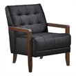 Pemberly Row Button Tufted Accent Armchair in Black Leather Walnut Brown Wood