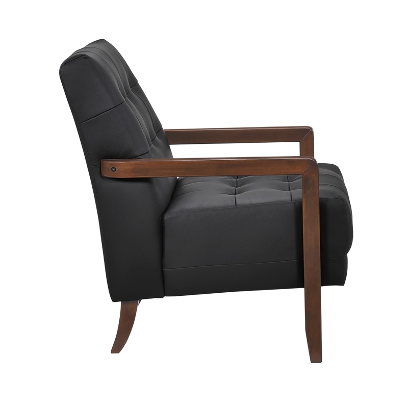 Pemberly Row Button Tufted Accent Armchair in Black Leather Walnut Brown Wood