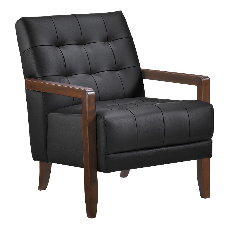 Pemberly Row Button Tufted Accent Armchair in Black Leather Walnut Brown Wood