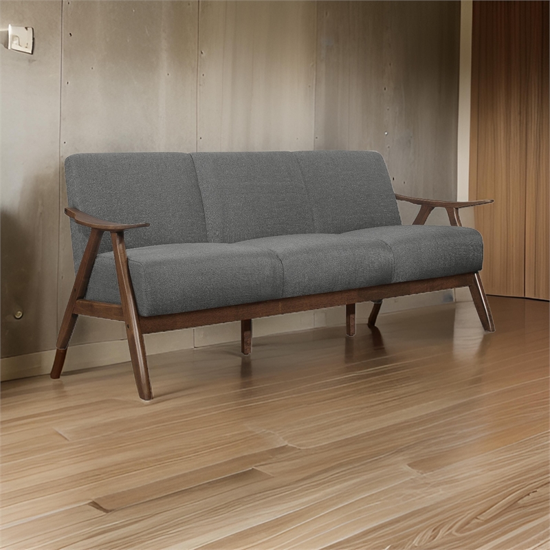 Pemberly Row 73 Inch Sofa with Brown Wood Angled Frame in Light Gray Fabric