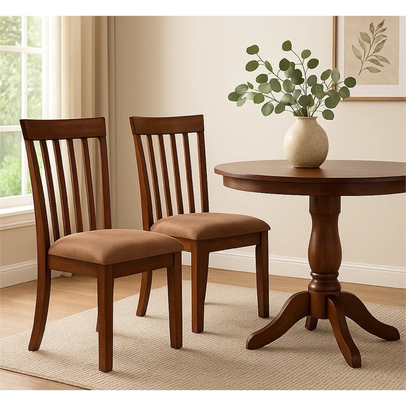 Pemberly Row Dining Side Chair Set of 2 in Slatted Solid Wood Dark Brown