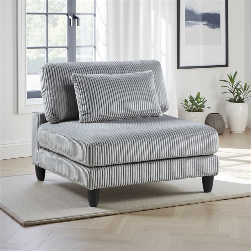 Pemberly Row Modular Armless Chair with Black Solid Wood Legs in Gray Corduroy