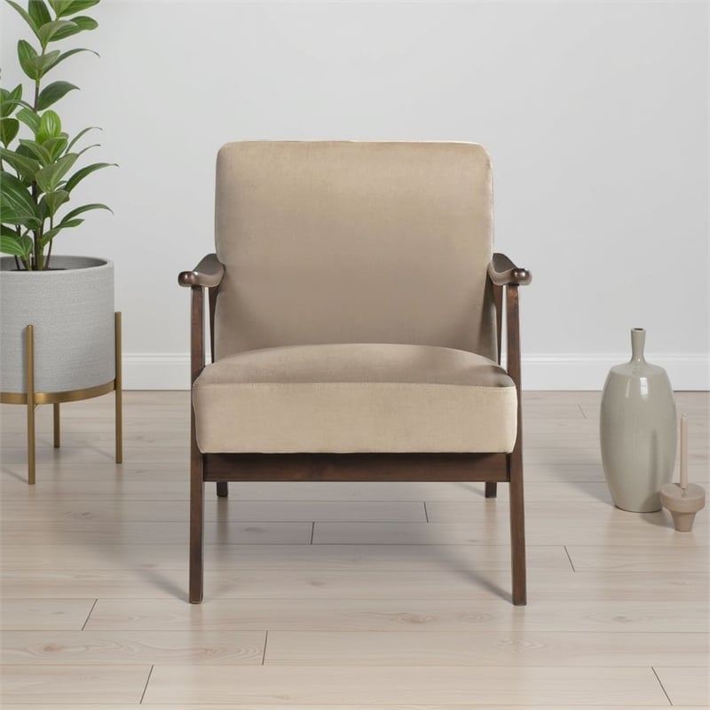 Pemberly Row Accent Club Chair in Light Brown Velvet with Solid Rubberwood Frame