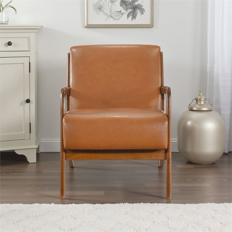 Pemberly Row Accent Club Chair in Matte Brown Faux Leather Solid Rubberwood