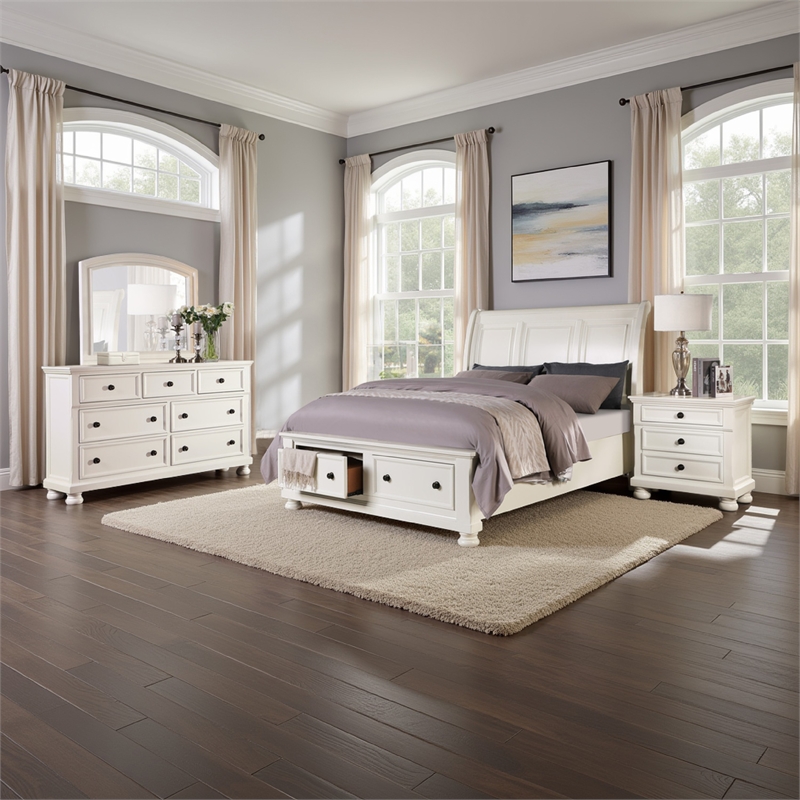 Pemberly Row 4 Piece Queen Size Bedroom Set in White with Bronze Accents