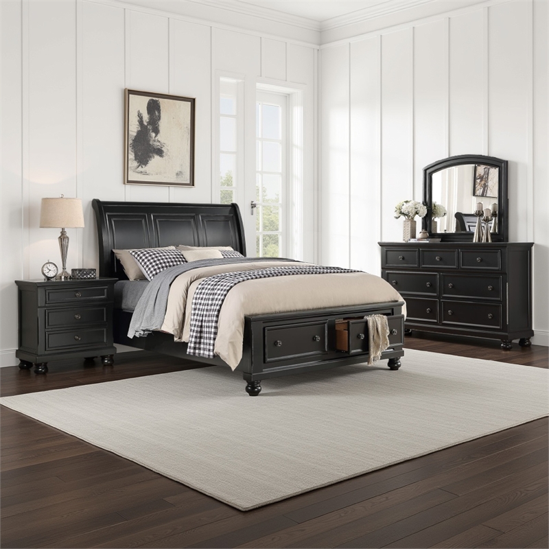 Pemberly Row 4 Piece Queen Size Bedroom Set in Black with Bronze Accents