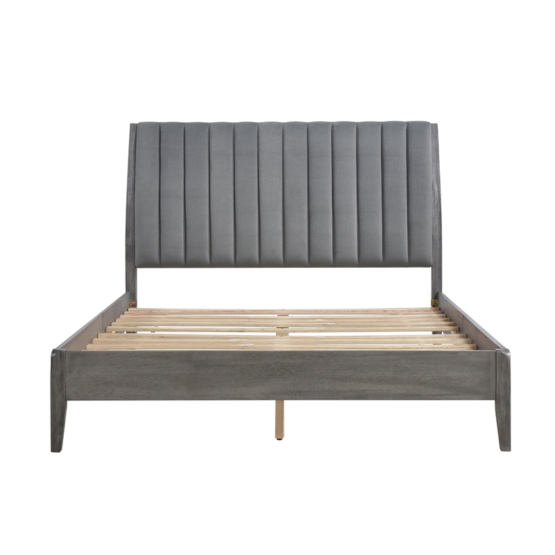 Pemberly Row Platform Bed with Channel Tufted Upholstered Back in Gray Velvet