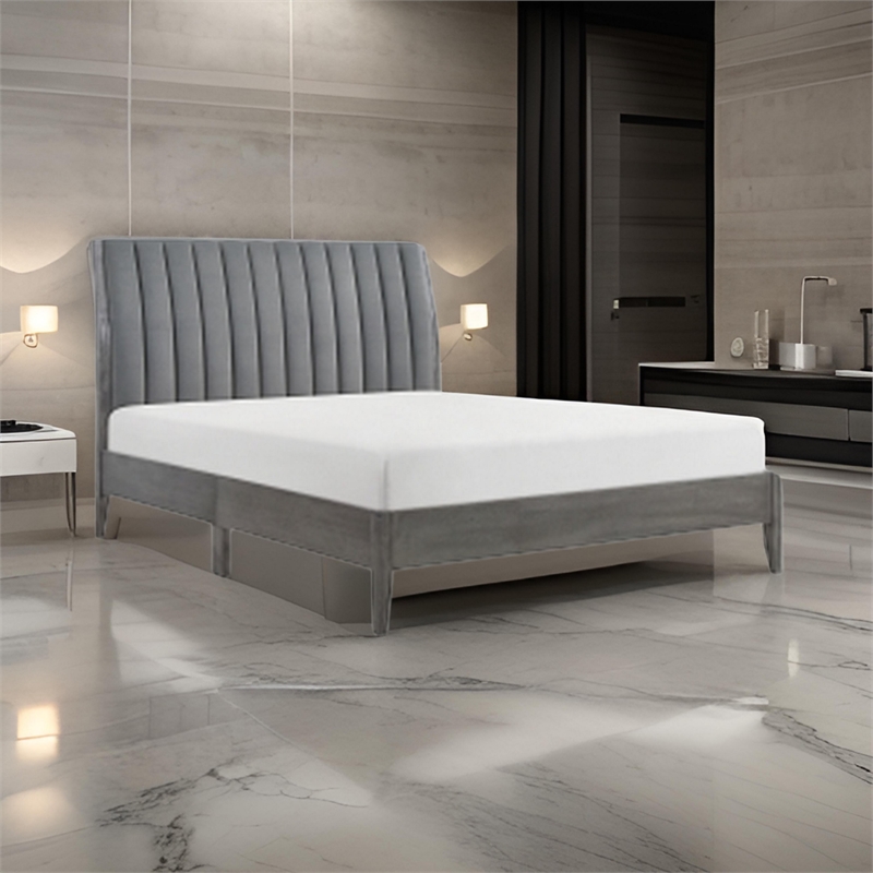 Pemberly Row Platform Bed with Channel Tufted Upholstered Back in Gray Velvet