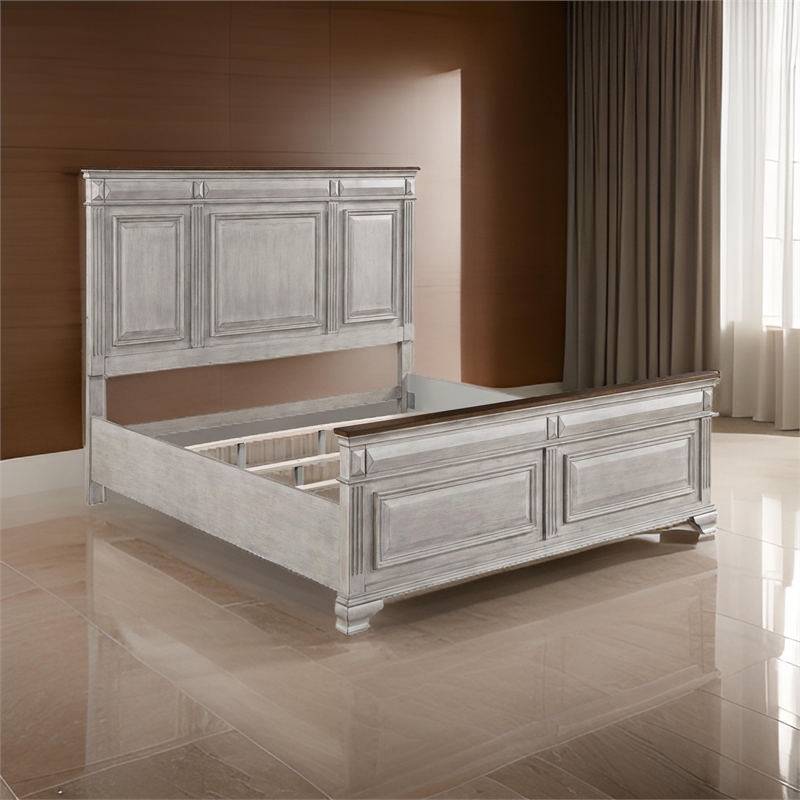 Pemberly Row Queen Size Bed with Rustic Headboard Design in Brown Gray Oak