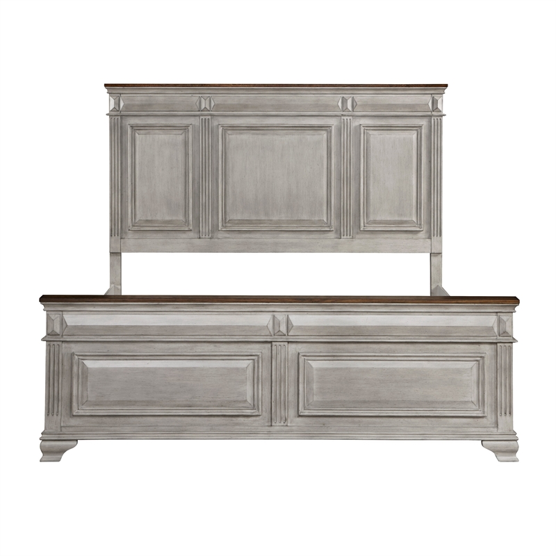 Pemberly Row Queen Size Bed with Rustic Headboard Design in Brown Gray Oak