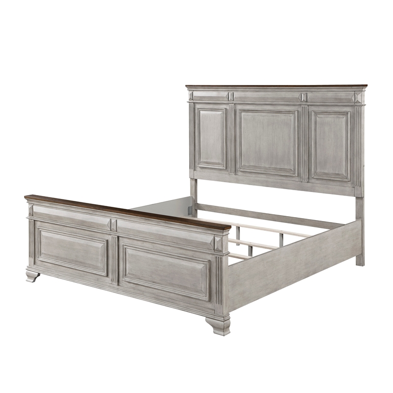 Pemberly Row Queen Size Bed with Rustic Headboard Design in Brown Gray Oak