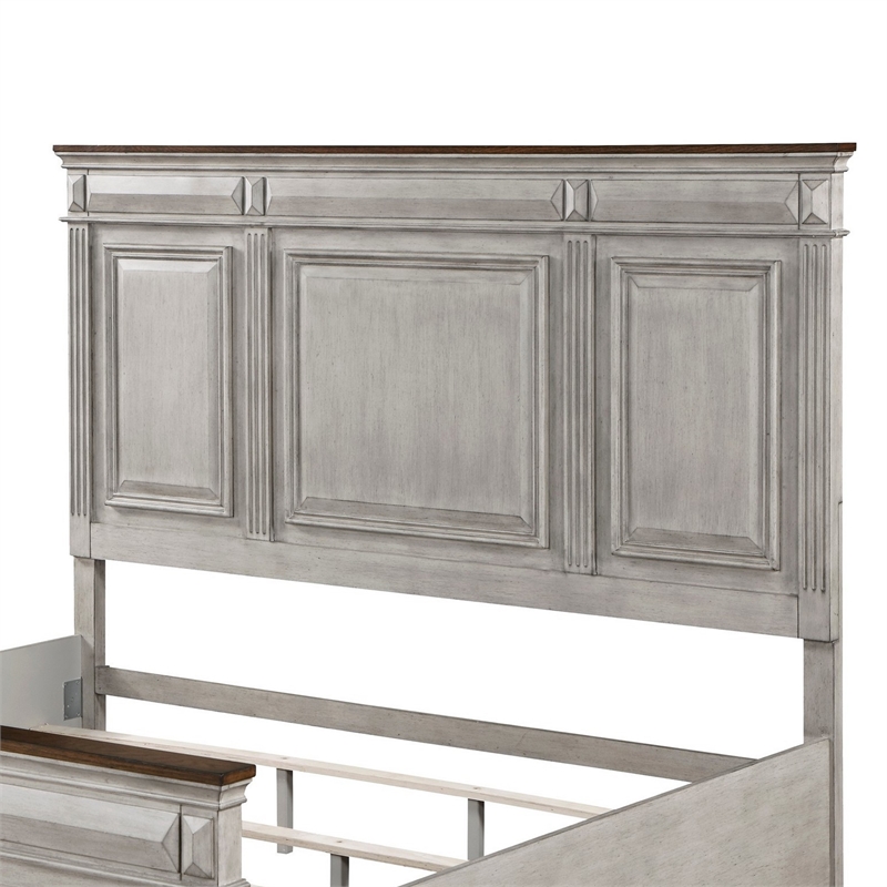 Pemberly Row Queen Size Bed with Rustic Headboard Design in Brown Gray Oak